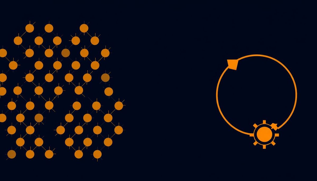 Ilustración geométrica sobre fondo azul oscuro con formas repetidas que confluyen en un único bucle automático, con acentos dorados y naranjas