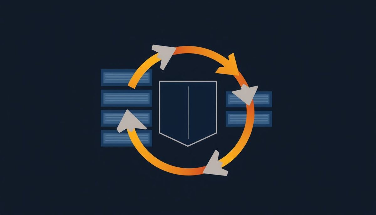 Ilustración abstracta de bloques de datos apilados rodeados por una flecha circular dorada sobre fondo azul oscuro