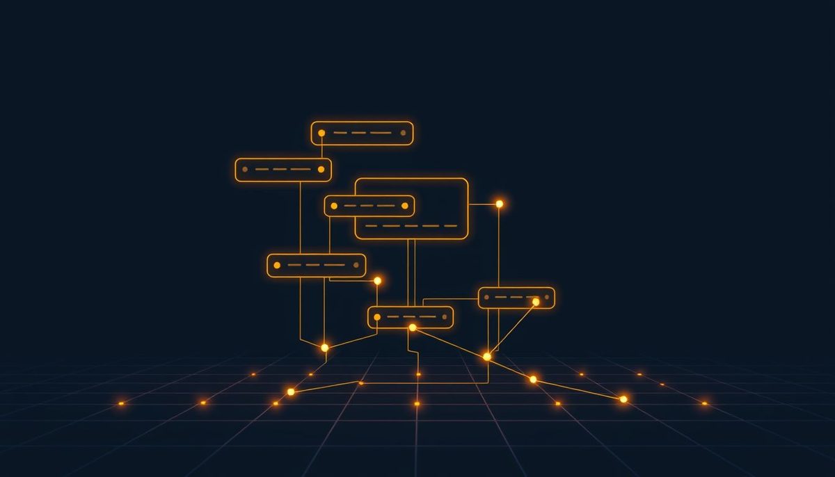 Ilustración abstracta de bloques de datos etiquetados conectados por líneas doradas sobre fondo azul oscuro, representando el marcado con JSON-LD