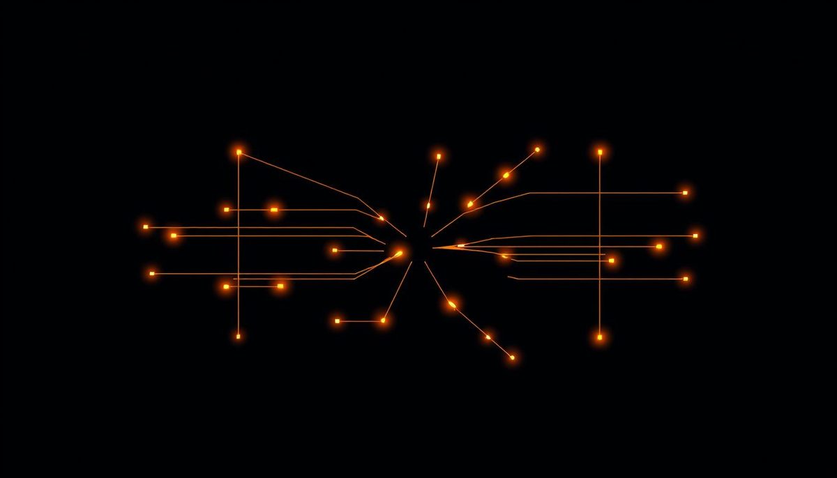 Ilustración abstracta de una estructura de rejilla luminosa sobre fondo azul oscuro con nodos rotos y grietas naranjas que representan fallos ocultos en la arquitectura de un sitio web