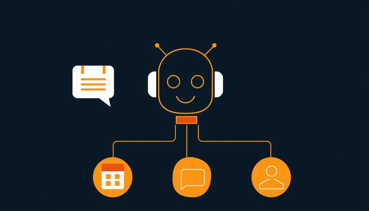 Ilustración abstracta de un chatbot conectado mediante líneas a un icono de calendario y otro de ficha de cliente