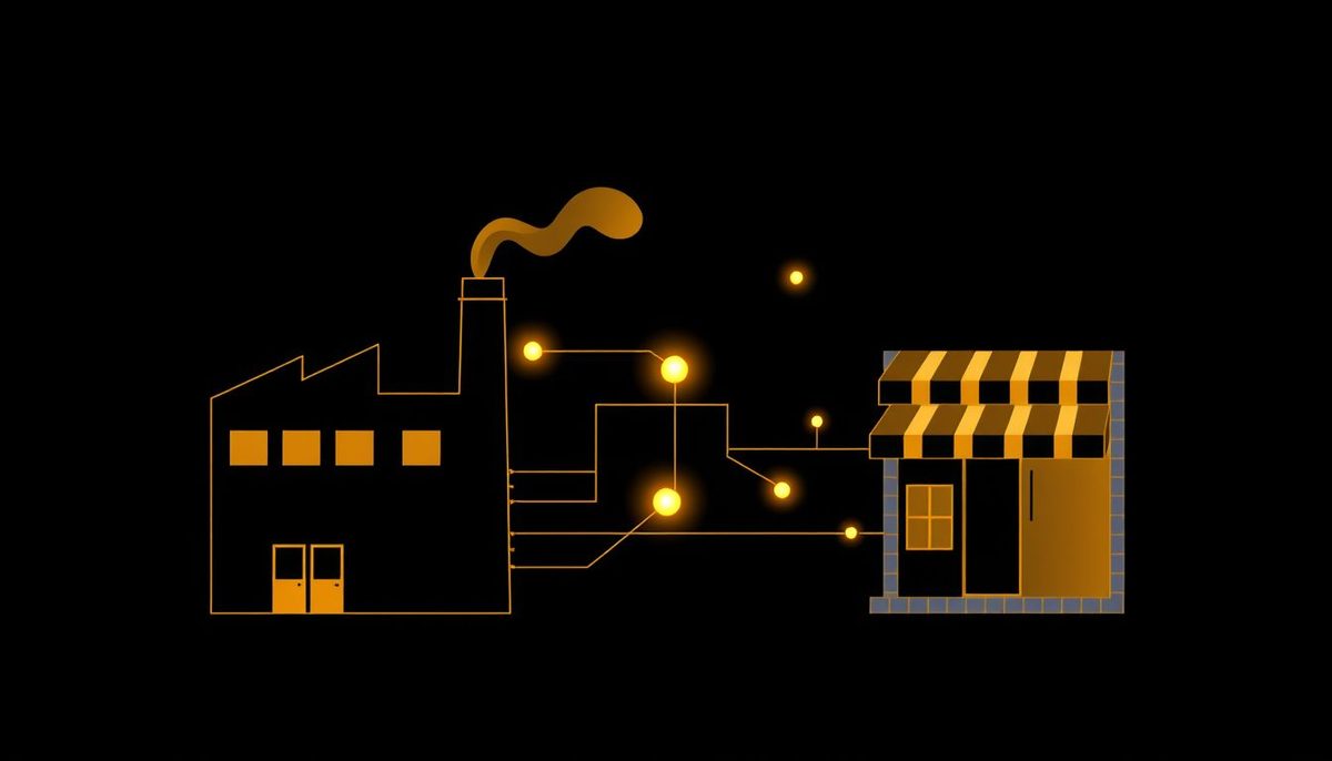 Ilustración geométrica en azul oscuro y dorado de un módulo de fábrica conectado por líneas de datos con un módulo de tienda online