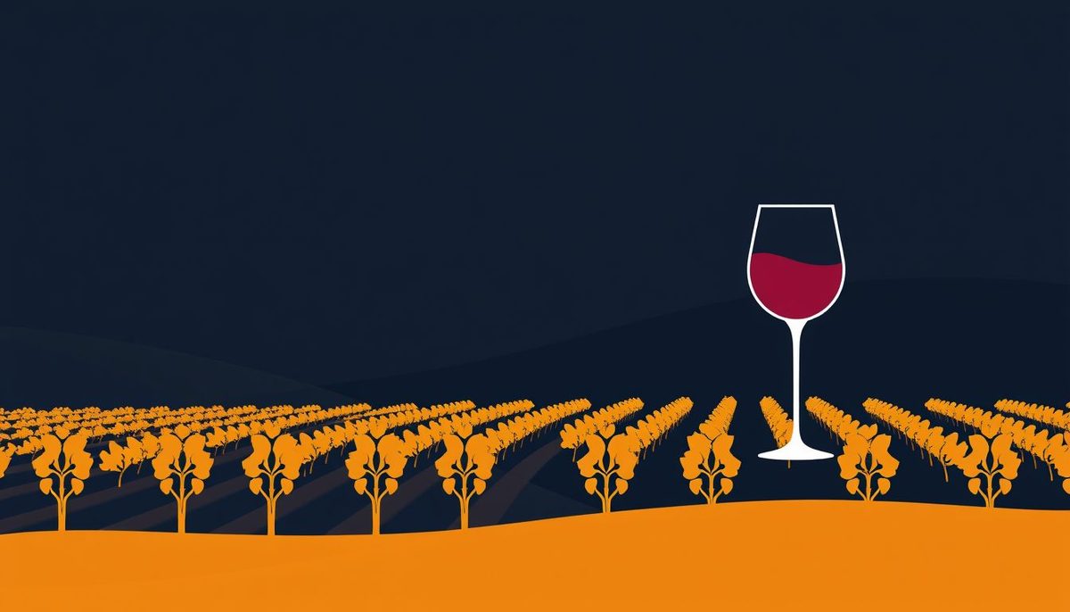 Ilustración editorial abstracta de hileras de viñedo y una copa de vino estilizada en tonos azul oscuro y dorado