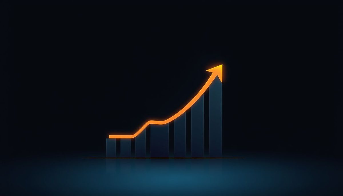 Gráfico de barras ascendente con flecha circular de retorno y embudo en tonos dorado y naranja sobre fondo azul oscuro