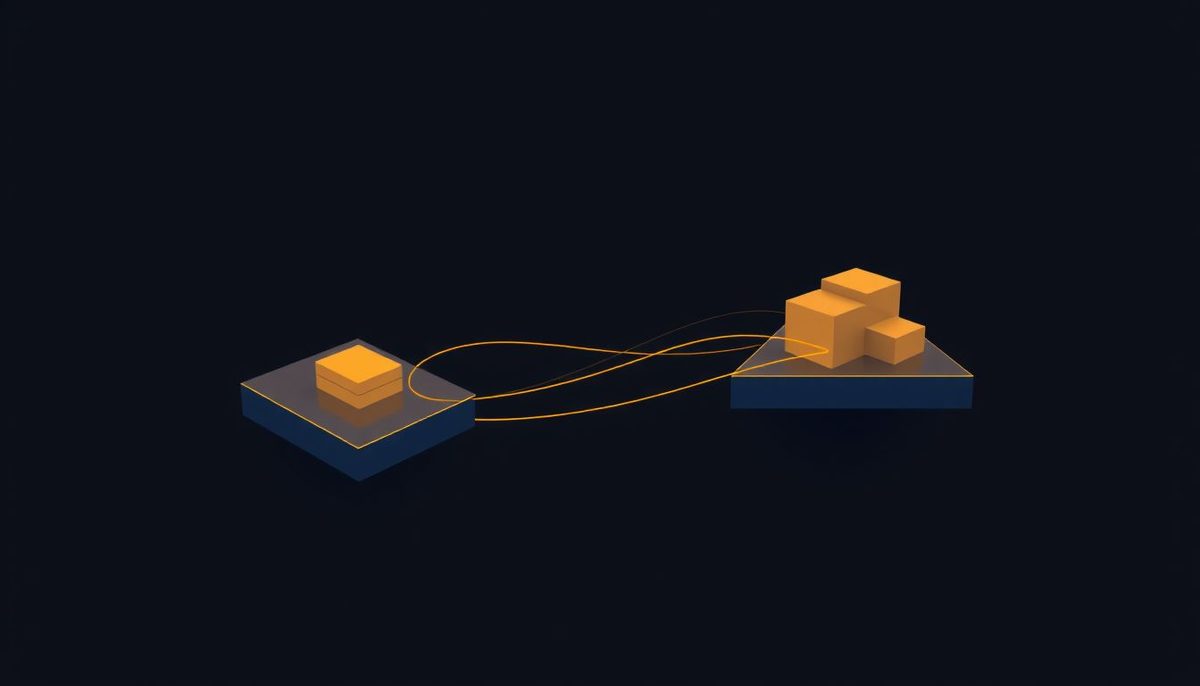 Ilustración abstracta de dos bloques geométricos unidos por un puente de líneas doradas sobre fondo azul oscuro, simbolizando el traspaso de una tienda entre plataformas
