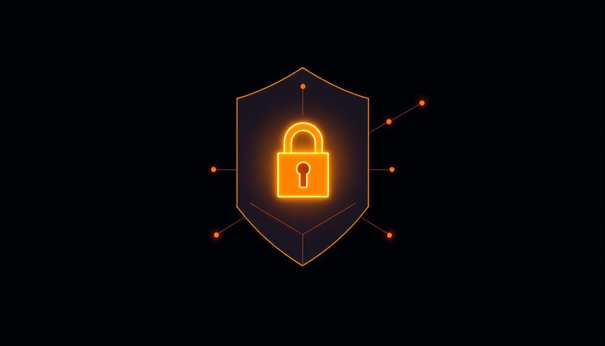 Escudo geométrico dorado con candado sobre fondo azul oscuro, símbolo de la protección de una web WordPress