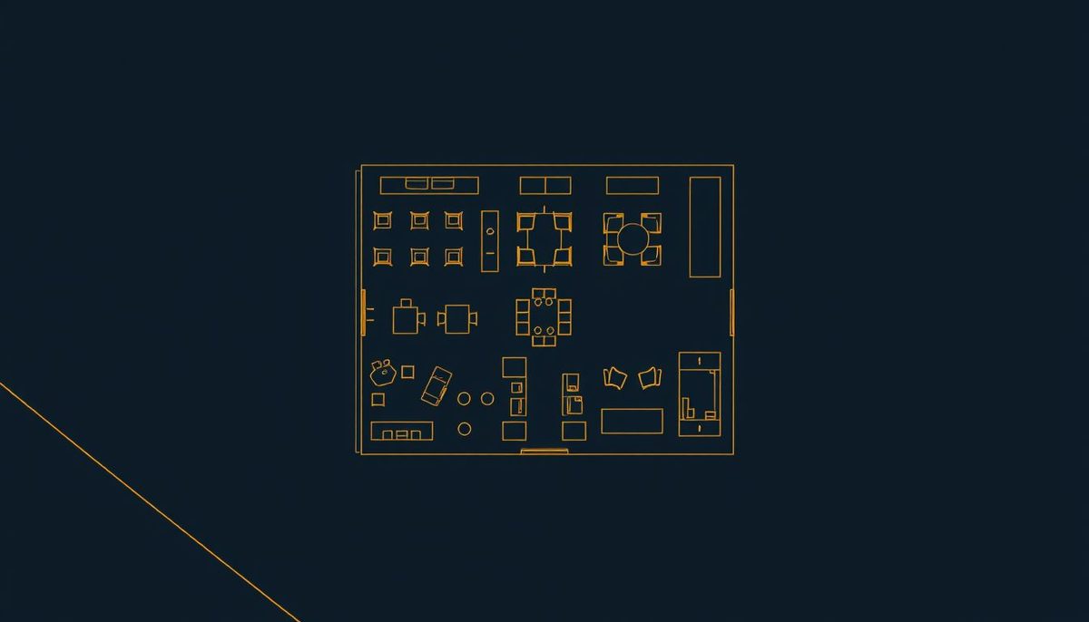 Ilustración abstracta de un plano cenital de un hall de hotel con siluetas geométricas de sillas, mesas y sofás en tonos dorados sobre fondo azul oscuro