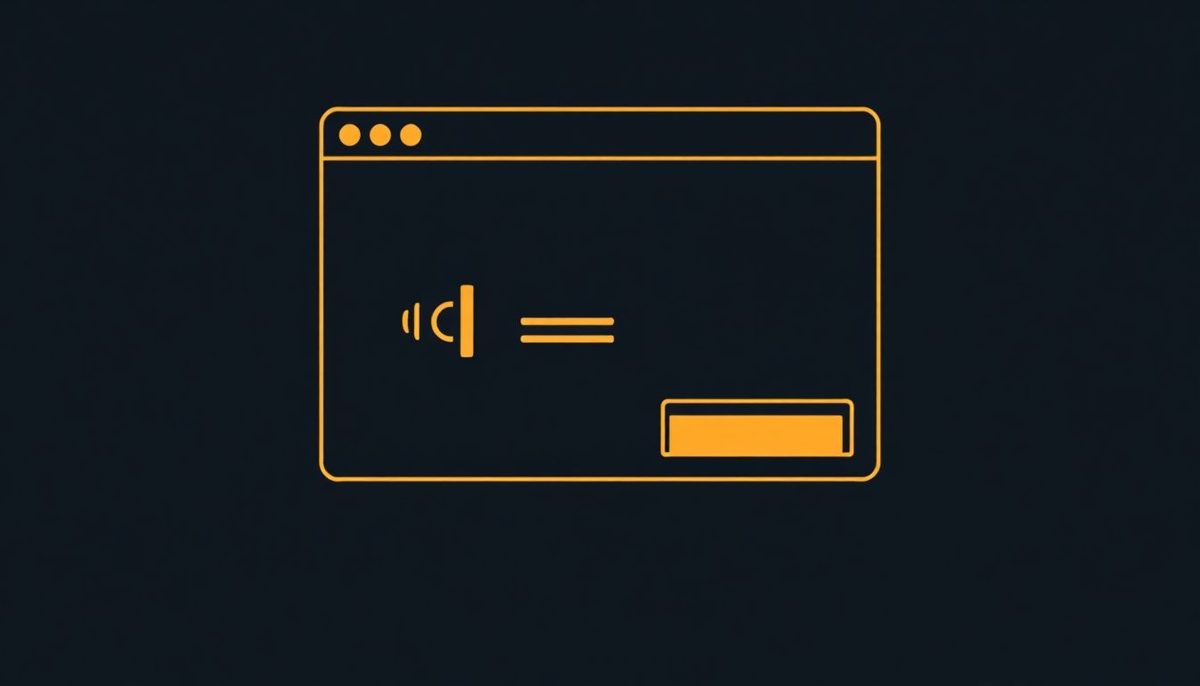 Ilustración abstracta de una ventana de navegador con símbolos de acceso universal, ondas de sonido y un contorno de foco de teclado, sobre fondo azul oscuro con acentos dorados