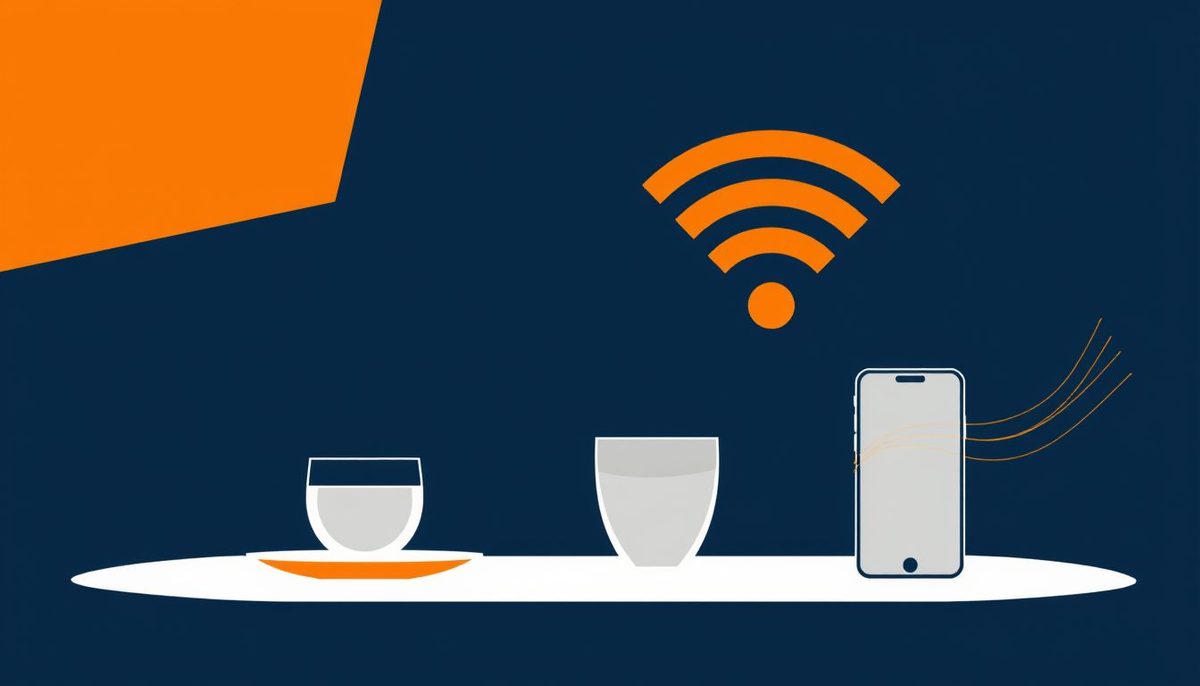 Ilustración geométrica abstracta en azul oscuro y dorado que representa un restaurante conectado a internet con reservas y pedidos online